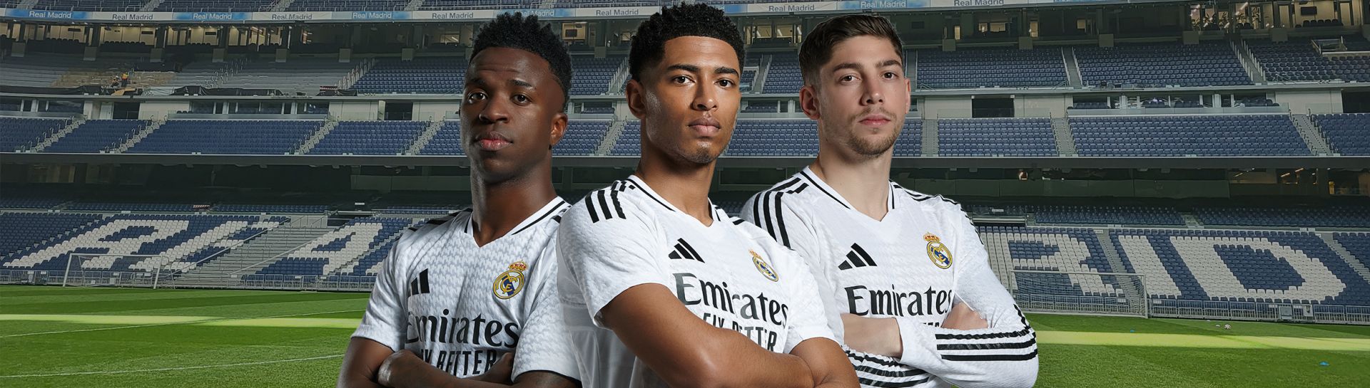 3 giocatori Real Madrid Vini Jr. Bellingham Valverde all'interno del Santiago Bernabeu